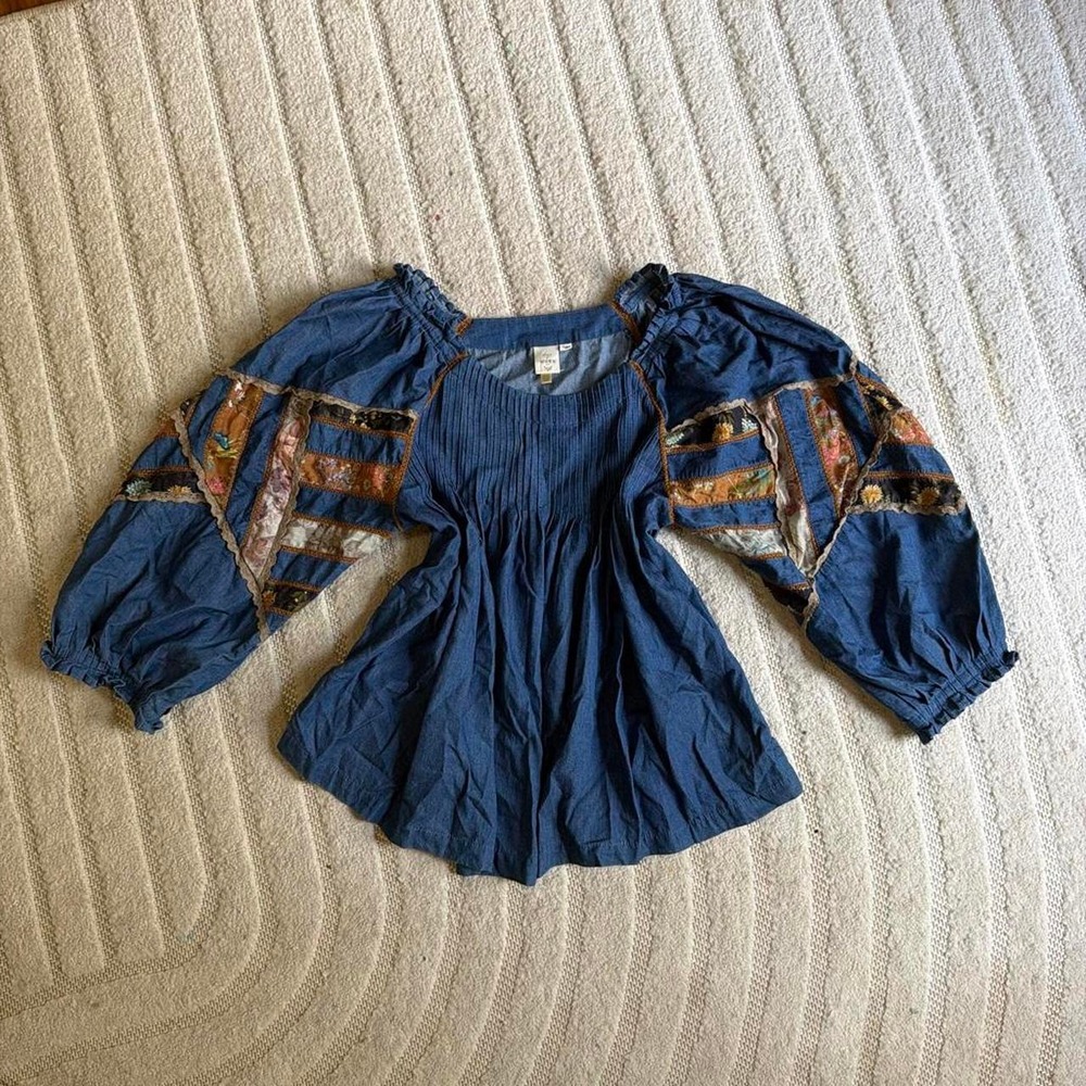 Anthropologie Ulla Patchwork Denim Blouse size 10 by Seen Worn Kept Boho hippie